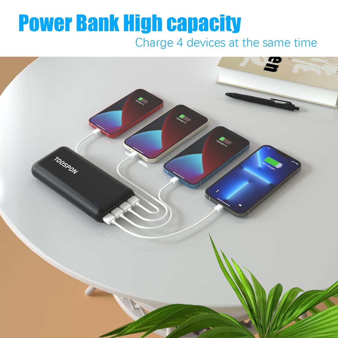 TOOSPON 50000mAh Powerbank, Power Bank, Type C fast charging, built-in flashlight portable charger For iphone, ipad, Samsung, Huawei, Smartphones Speaker etc.