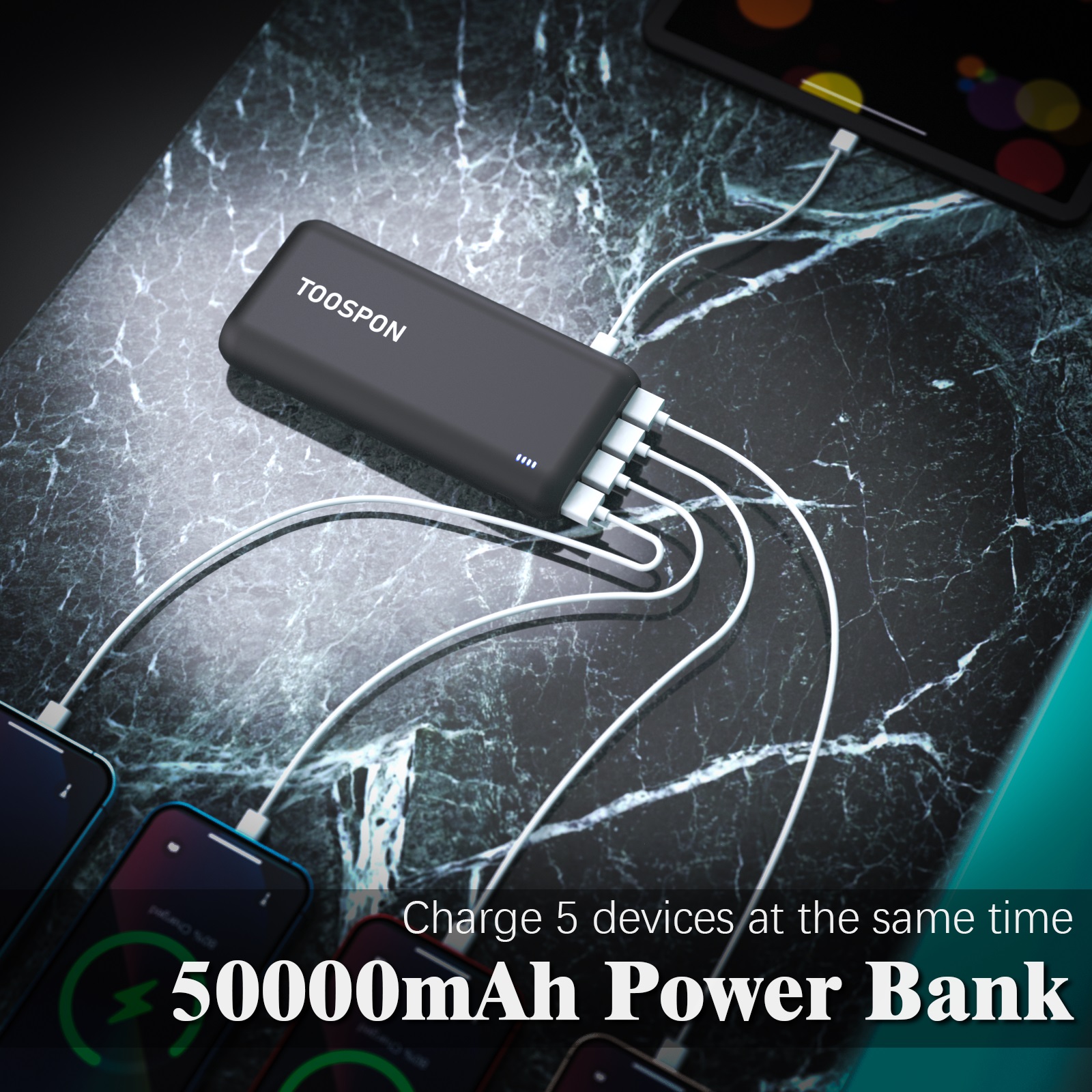 4USB- Power Bank, Portable Charger 30000mAh + 50000mAh Super Bright Flashlight Quick Charge Phones USB- PowerBank (Black_30000mAh_50000mAh)