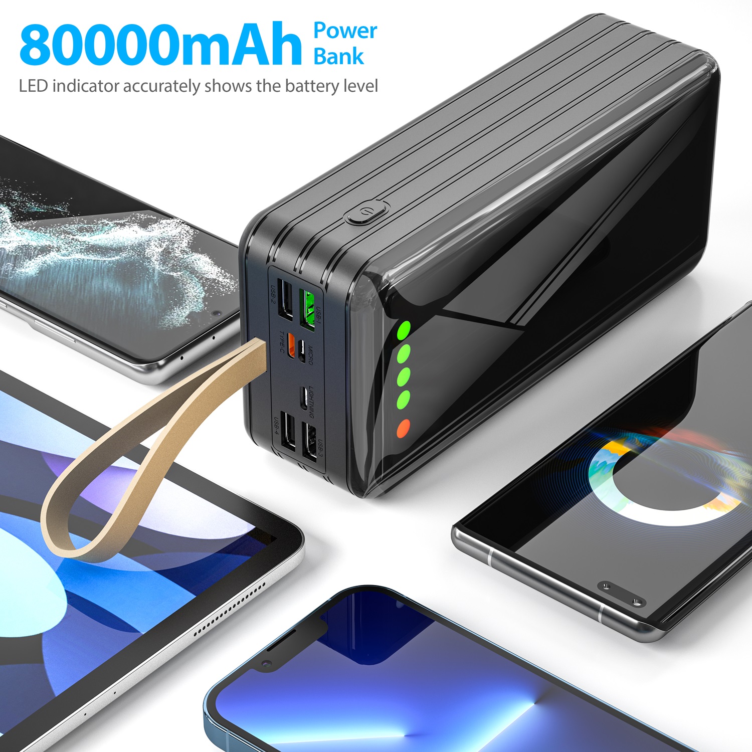 Toospon Phone Portable Charger, Power Bank - 80,000mAh QC 22.5W Power Station External Battery Pack for Outdoor Use with Fast Charging PD 20W, External Battery for Mobile Phone, Camera, and Speaker.