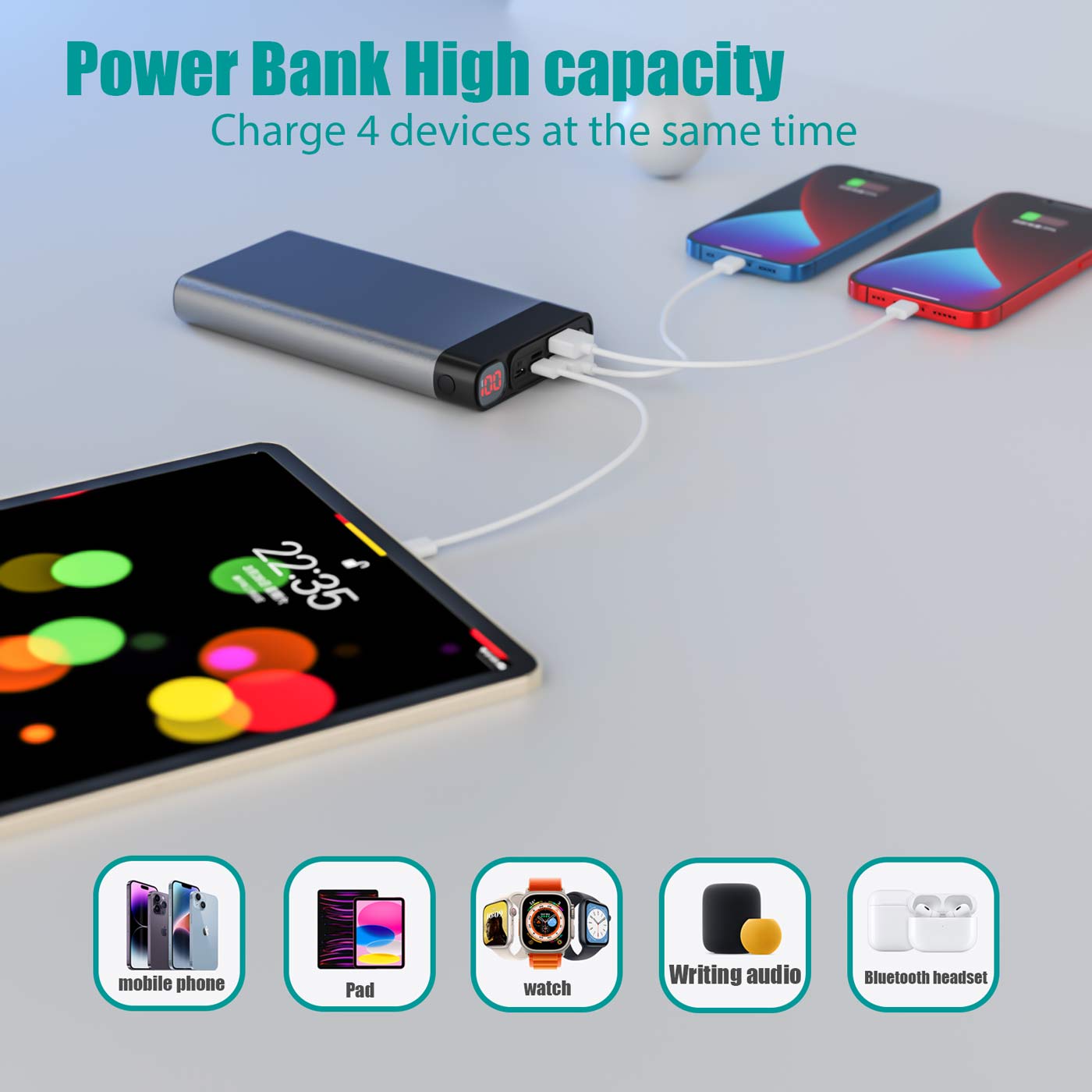 ELEFULL-Portable Power Bank, 26800mAh with QC3.0 22.5W & USB C PD20W Fast Charger in Secure Metal Case, LED Display, Flashlight - Compact & Stylish Chargers for Phones & Tablets.