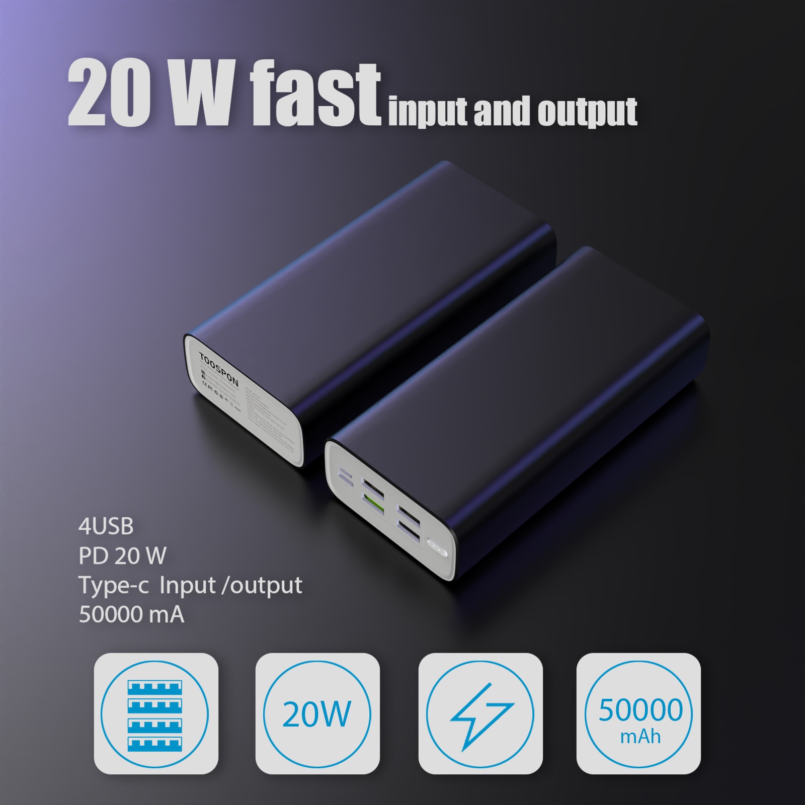 TOOSPON 50000mAh Power Bank , Powerbank, 22.5W & USB C PD20W fast charging, built-in flashlight compatible with mobile phones Samsung tablets etc.